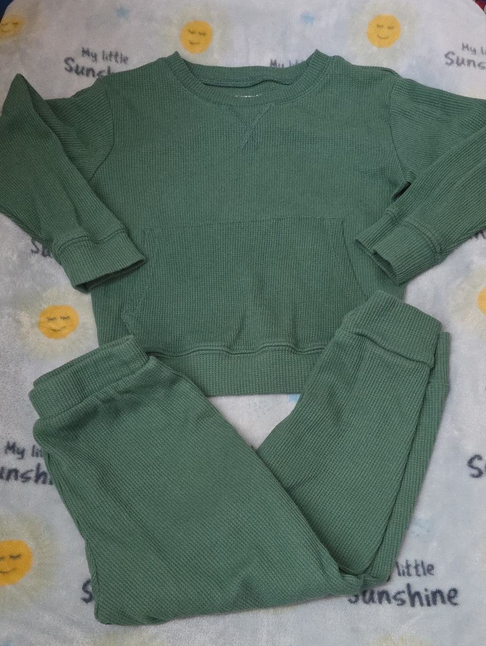 Kids Waffle Knit Sweatshirt & Jogger Set - Olive Green